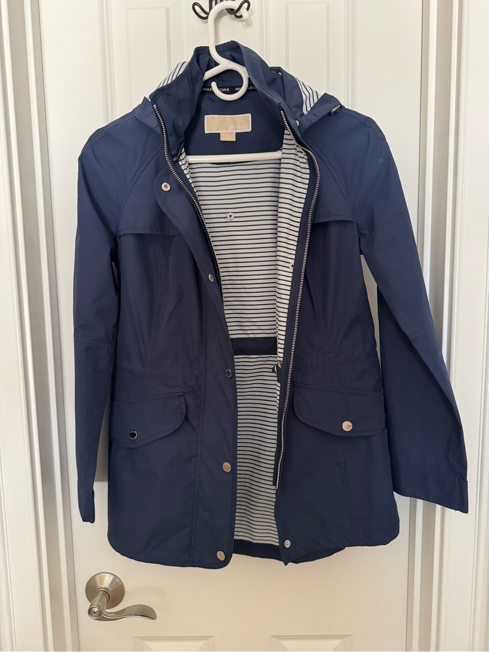 Michael Kors Navy Hooded Trench Coat with Striped Lining